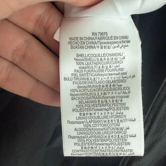 BCBG Maxazria Leather Bomber Jacket Womens Medium Black Moto NO ZIPPER Faux Fur - Picture 11 of 13